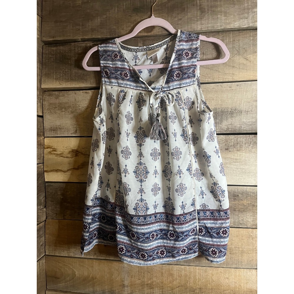 Knox Rose Women Medium Blue White Medallion Paisley Boho Tassel Tank Top Blouse